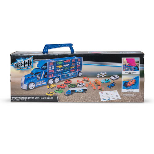 Speed City Stunt Transporter With 11 Vehicles Blue