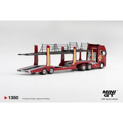 (Pre-order) MINI GT Scania 770s A6x4na Car Transporter V8 50th Anniversary + Car Transporter Red (Expected December 2026)