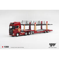(Pre-order) MINI GT Scania 770s A6x4na Car Transporter V8 50th Anniversary + Car Transporter Red (Expected December 2026)