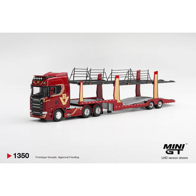 (Pre-order) MINI GT Scania 770s A6x4na Car Transporter V8 50th Anniversary + Car Transporter Red (Expected December 2026)