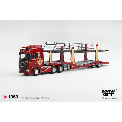 (Pre-order) MINI GT Scania 770s A6x4na Car Transporter V8 50th Anniversary + Car Transporter Red (Expected December 2026)