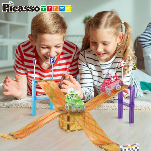 PicassoTiles Sloped Race Car Tracks for Racing Playset - 45 Pieces