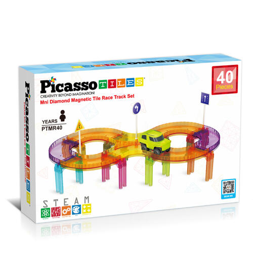 PicassoTiles 40 Pcs Magnetic Tiles Race Track Travel Toy with Car