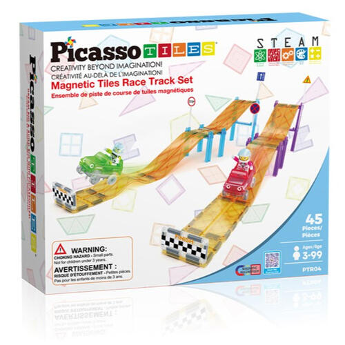 PicassoTiles Sloped Race Car Tracks for Racing Playset - 45 Pieces